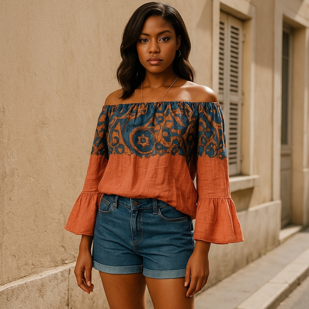 LN Bohemian Off-Shoulder Top in Coral/Orange and Blue
